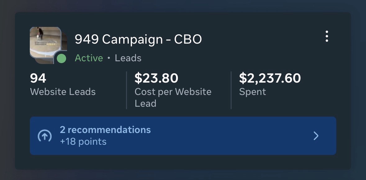949 Garage Meta Ads — 94 leads at $23.80 cost per lead